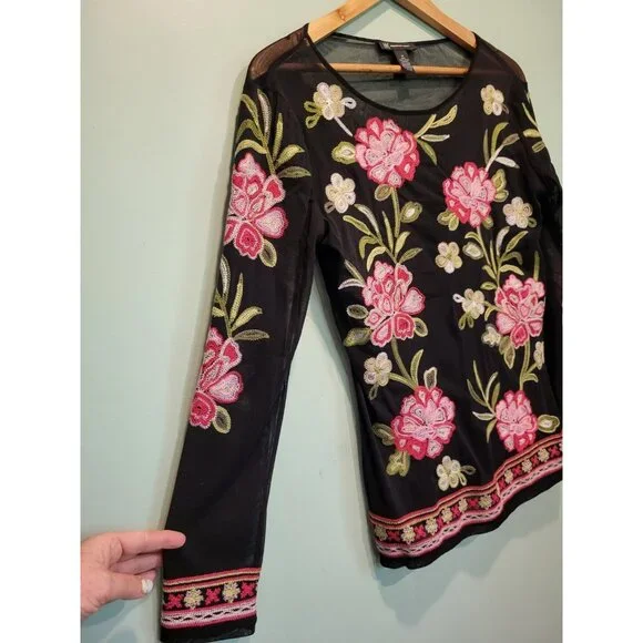Black Sheer Pink Green Floral Embroidered Long Sleeve Top Whimsigoth Sz M - Picture 3 of 6